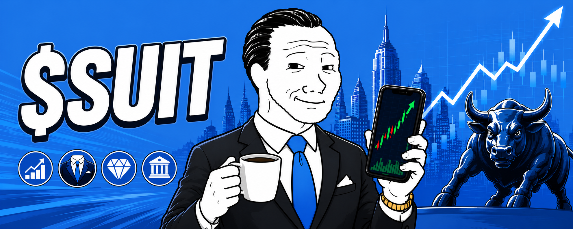 $SUIT banner: cartoon businessman in a suit holding coffee and a phone with a rising chart